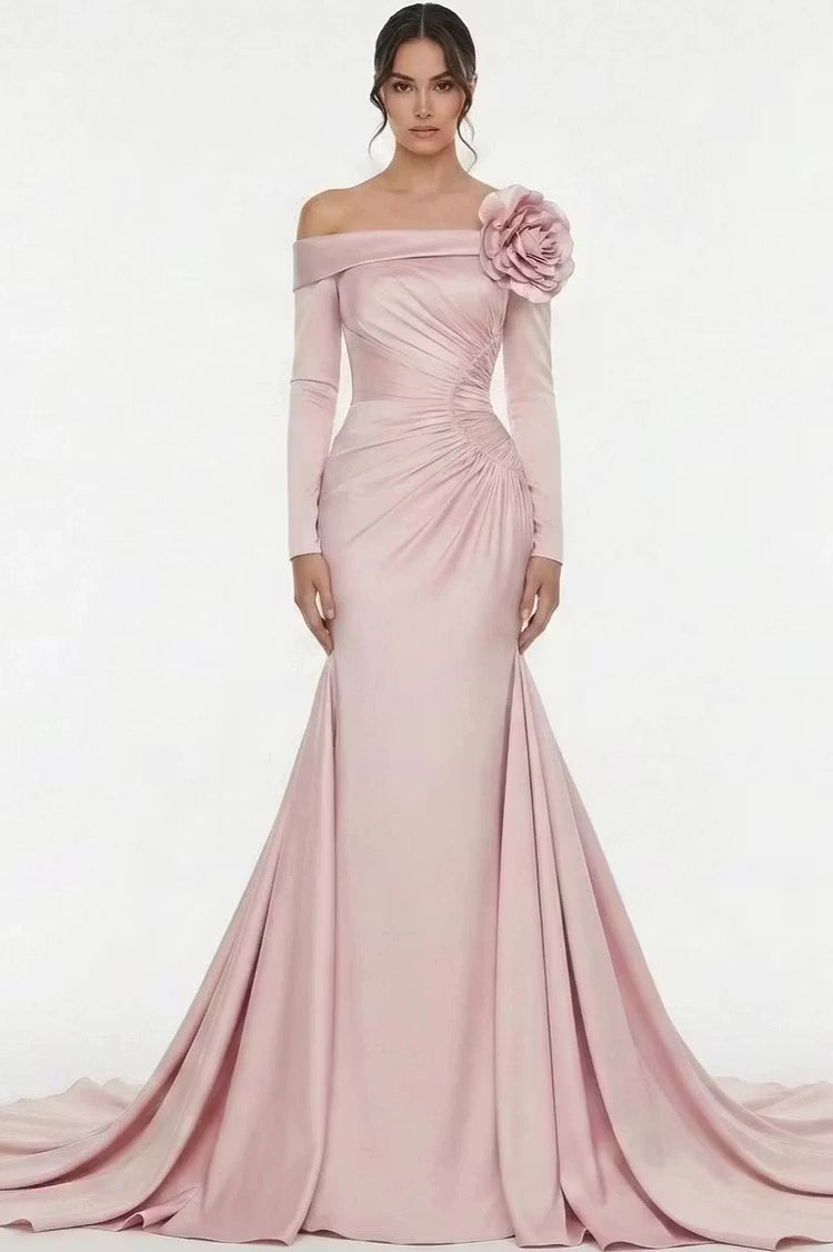 Dusty Rose Satin Mermaid Off The Shoulder Zipper Back Floor-Length Dress Front View - Jimiss