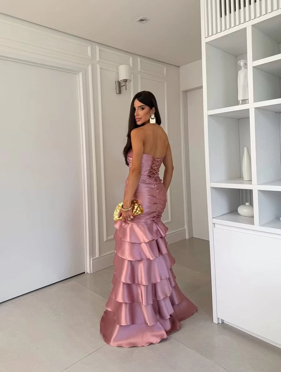 Dusty Rose Satin Mermaid One Shoulder Lace-up Back Floor-Length Dress Back View - Jimiss