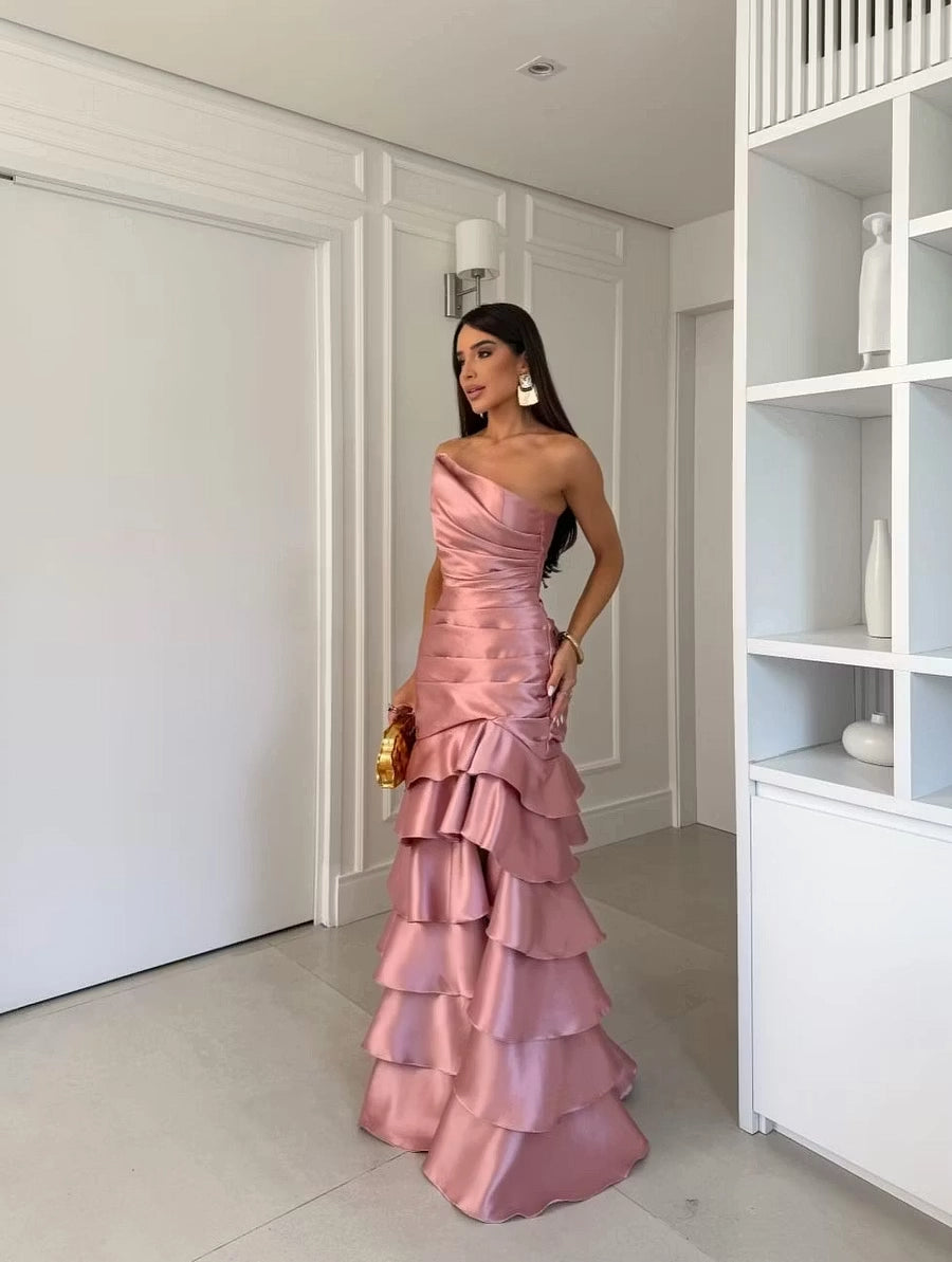 Dusty Rose Satin Mermaid One Shoulder Lace-up Back Floor-Length Dress Detail - Jimiss