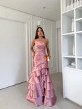 Dusty Rose Satin Mermaid One Shoulder Lace-up Back Floor-Length Dress Front View - Jimiss