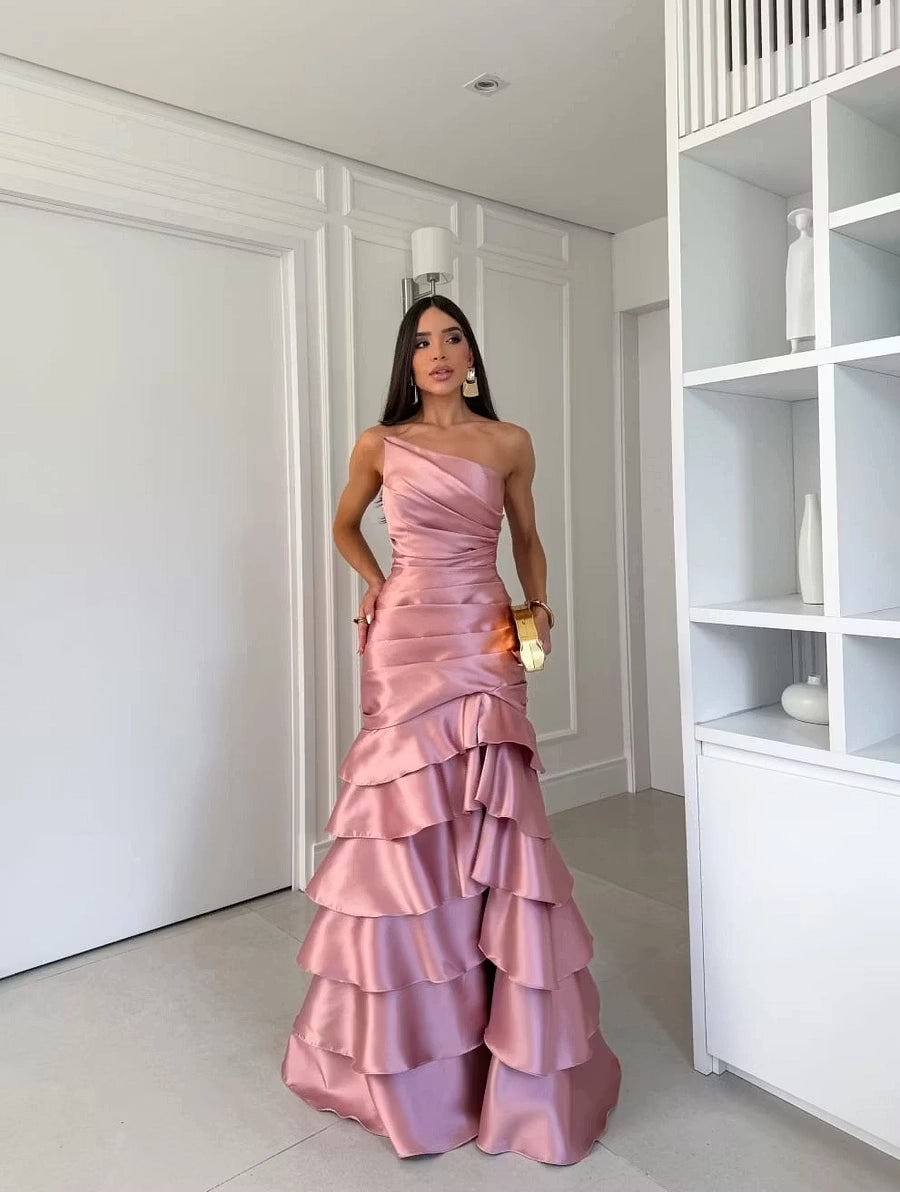 Dusty Rose Satin Mermaid One Shoulder Lace-up Back Floor-Length Dress Front View - Jimiss