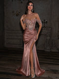 Dusty Rose Satin & Sequin Mesh Sheath Column Floor Length Dress - Jimiss