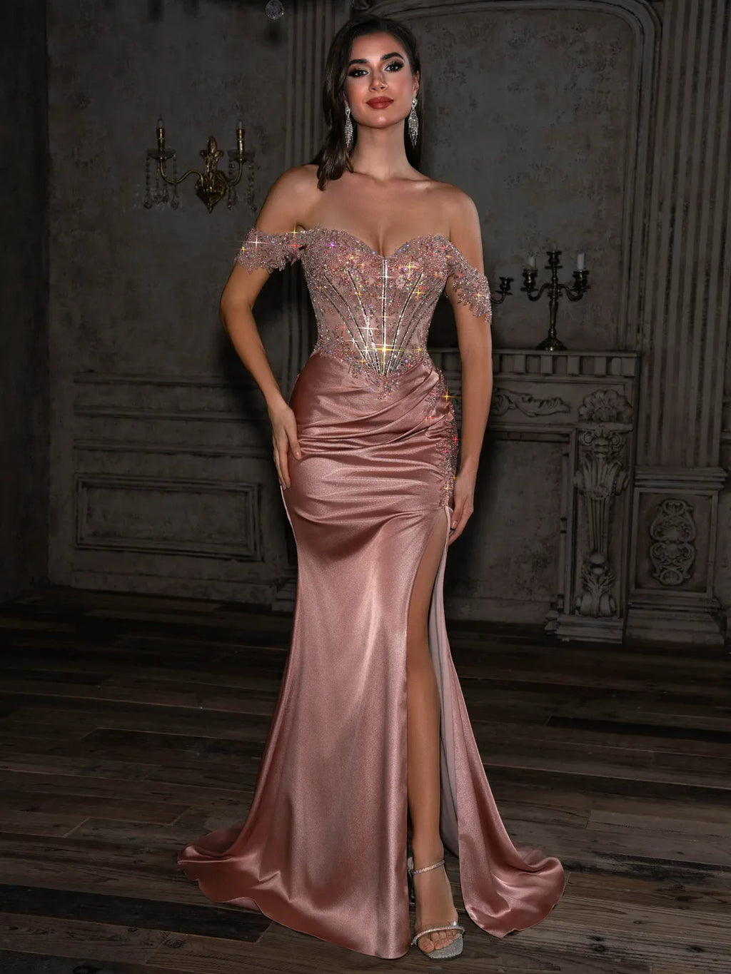 Dusty Rose Satin & Sequin Mesh Sheath Column Floor Length Dress - Jimiss
