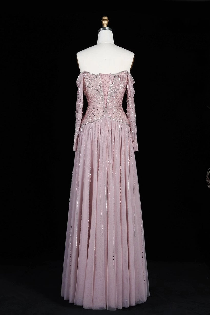 Dusty Rose Tulle A-Line Off-the-Shoulder Lace-up Floor-Length Dress Back View - Jimiss