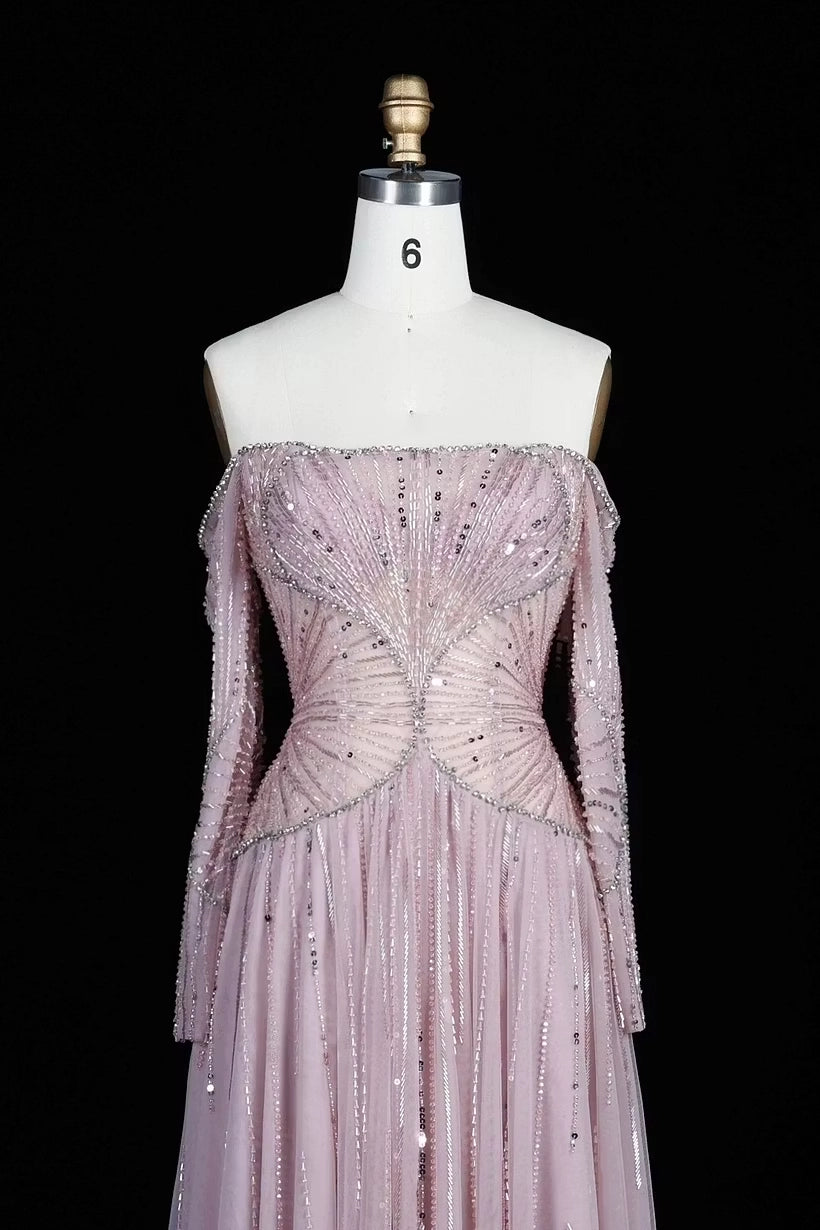 Dusty Rose Tulle A-Line Off-the-Shoulder Lace-up Floor-Length Dress Detail - Jimiss