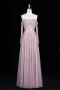 Dusty Rose Tulle A-Line Off-the-Shoulder Lace-up Floor-Length Dress Front View - Jimiss