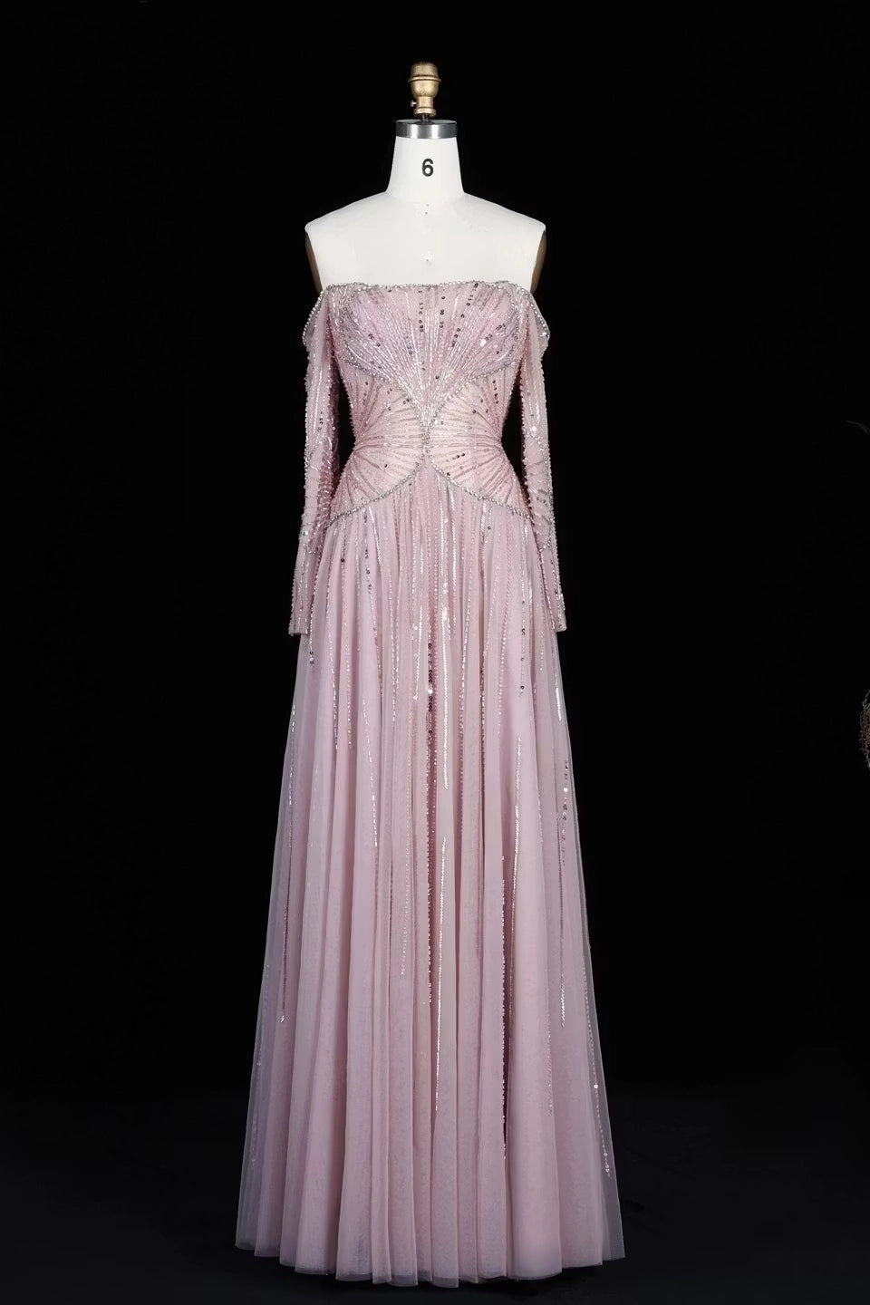 Dusty Rose Tulle A-Line Off-the-Shoulder Lace-up Floor-Length Dress Front View - Jimiss