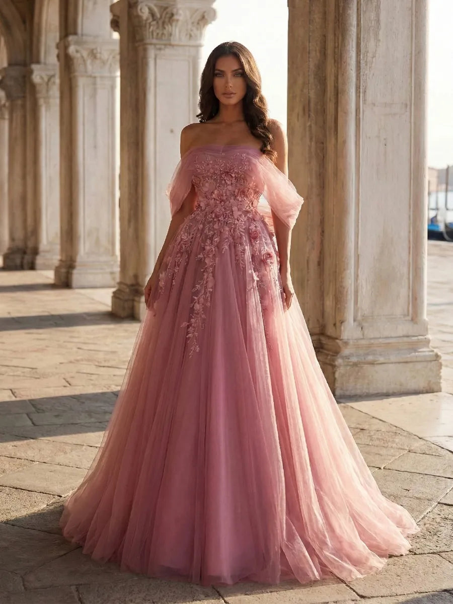 Dusty Rose Tulle A-Line Off-the-Shoulder Low-Back Floor-Length Dress - Jimiss