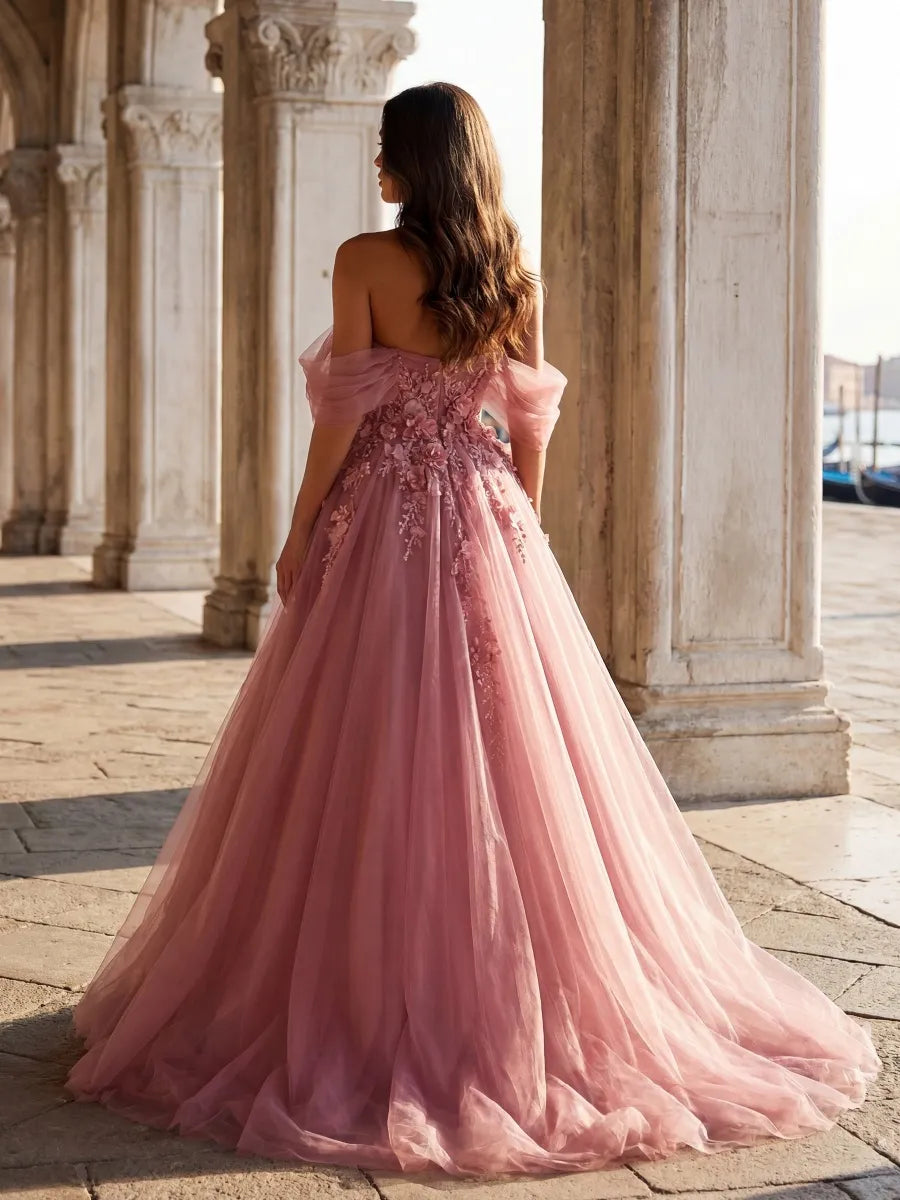 Dusty Rose Tulle A-Line Off-the-Shoulder Low-Back Floor-Length Dress - Jimiss