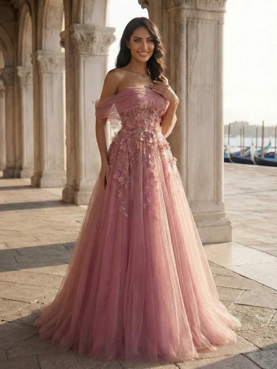 Dusty Rose Tulle A-Line Off-the-Shoulder Low-Back Floor-Length Dress - Jimiss