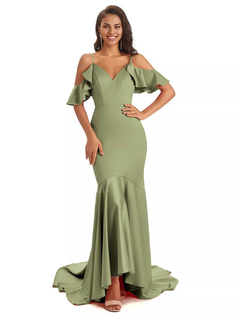 Soft Satin Asymmetric Spaghetti Straps Sleeveless Mermaid Cold Shoulder Bridesmaid Dresses