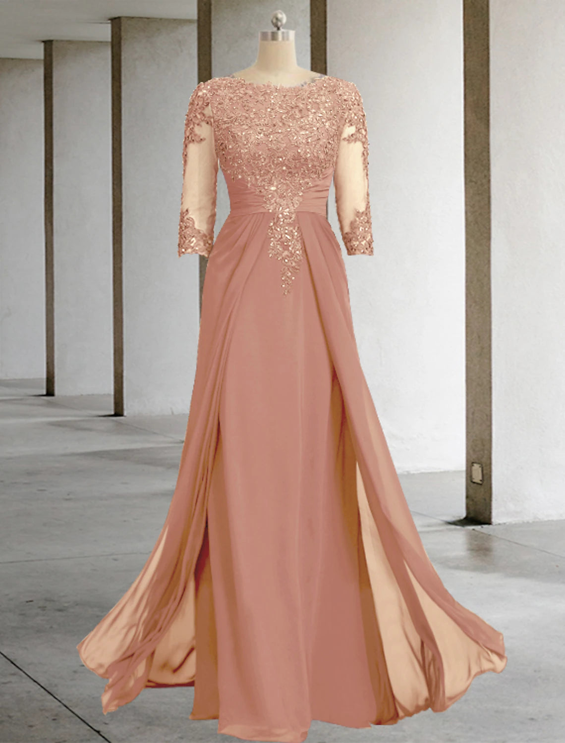 Vestido de madre de la novia con falda larga y cuello redondo, elegante, de gasa, con lentejuelas, escote redondo, largo hasta el suelo, de encaje, manga 3/4 y apliques, con brillo y resplandor.