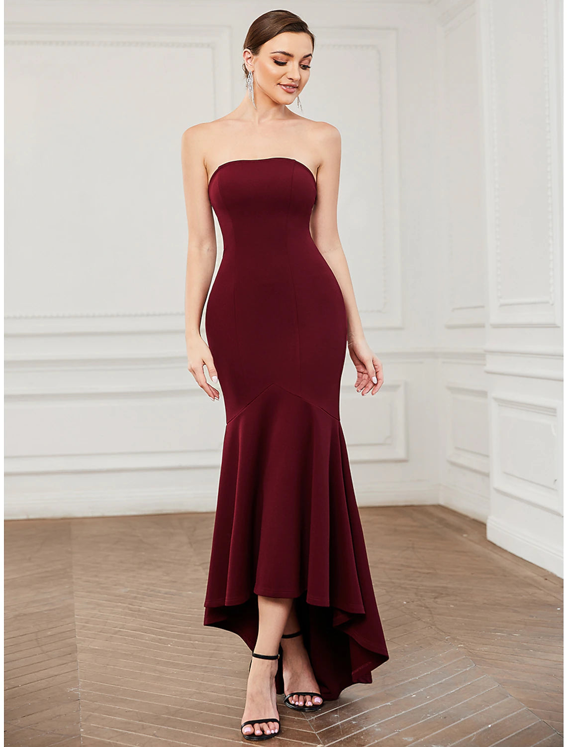 Burgundy Strapless Mermaid High-Low Evening Dress