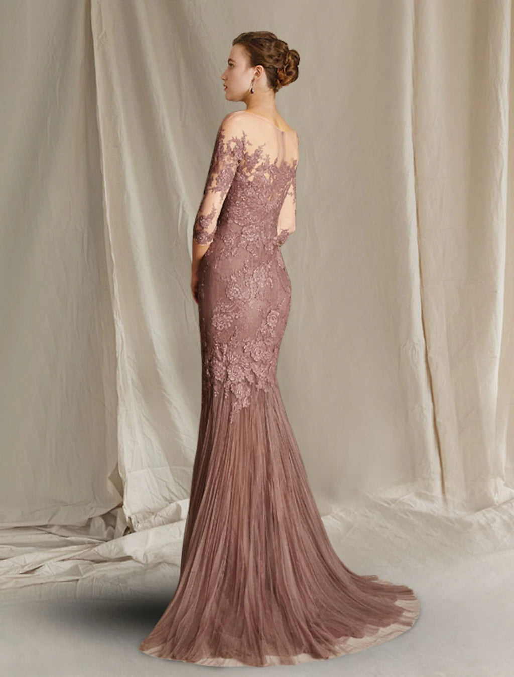 Mauve Lace Mermaid Floor-Length Dress with Illusion Neck