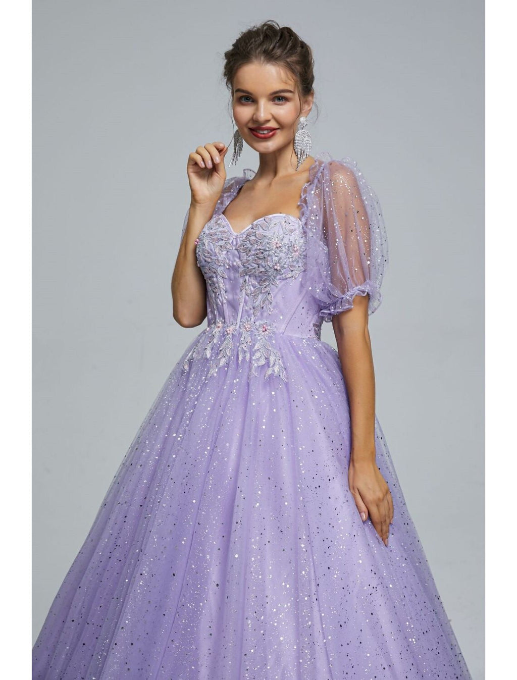 Lilac Sweetheart Ball Gown Floor-Length Tulle Evening Dress with Glitter Skirt