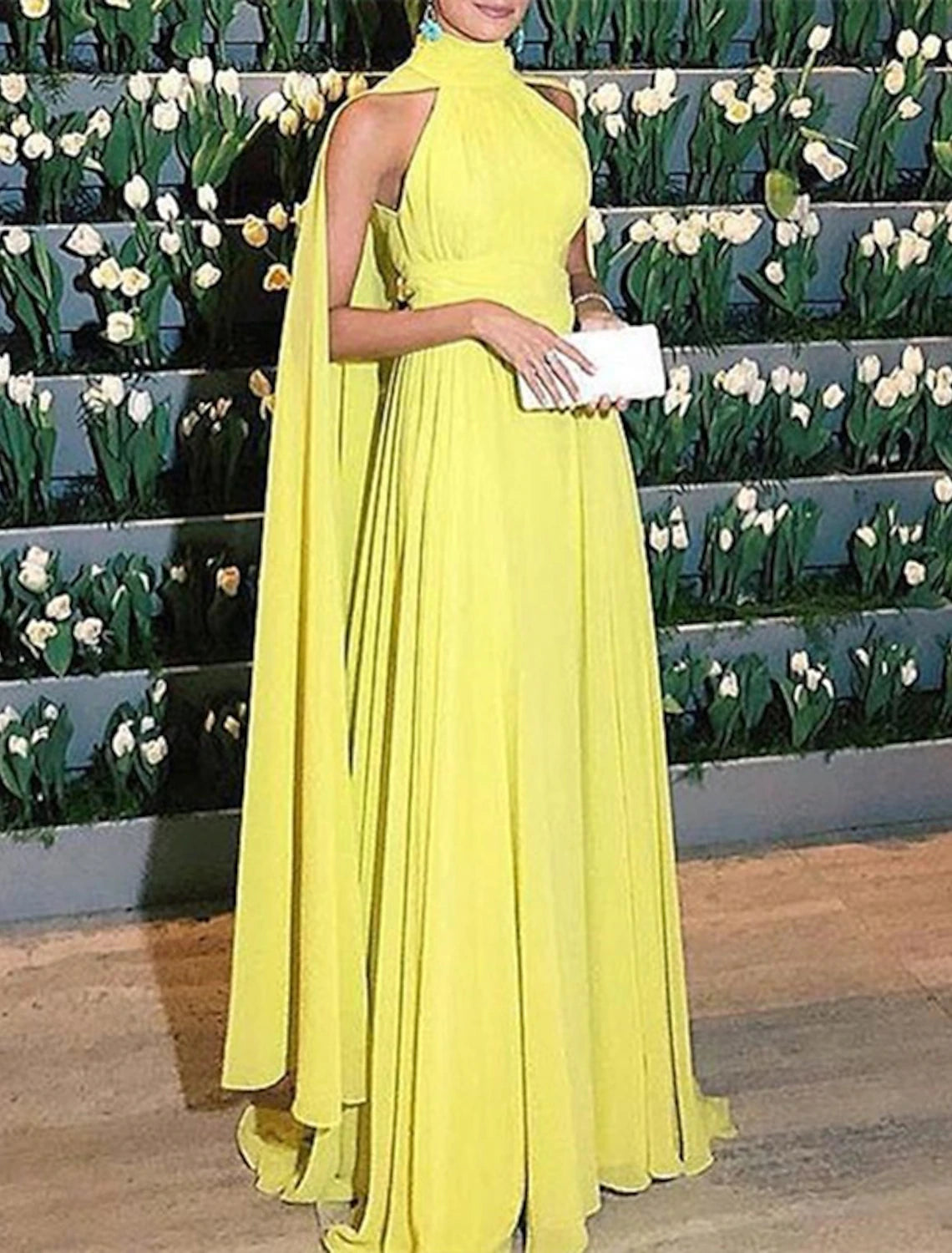 Yellow Chiffon A-Line Halter Neckline Floor-Length Evening Dress with Flowing Cape Sleeves