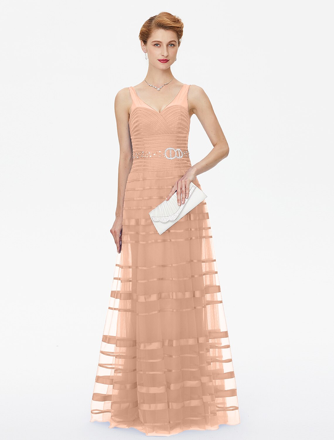 Abito da madre della sposa a trapezio, con spalline scoperte sulla schiena, lunghezza al pavimento, in tulle e raso, senza maniche, con perline