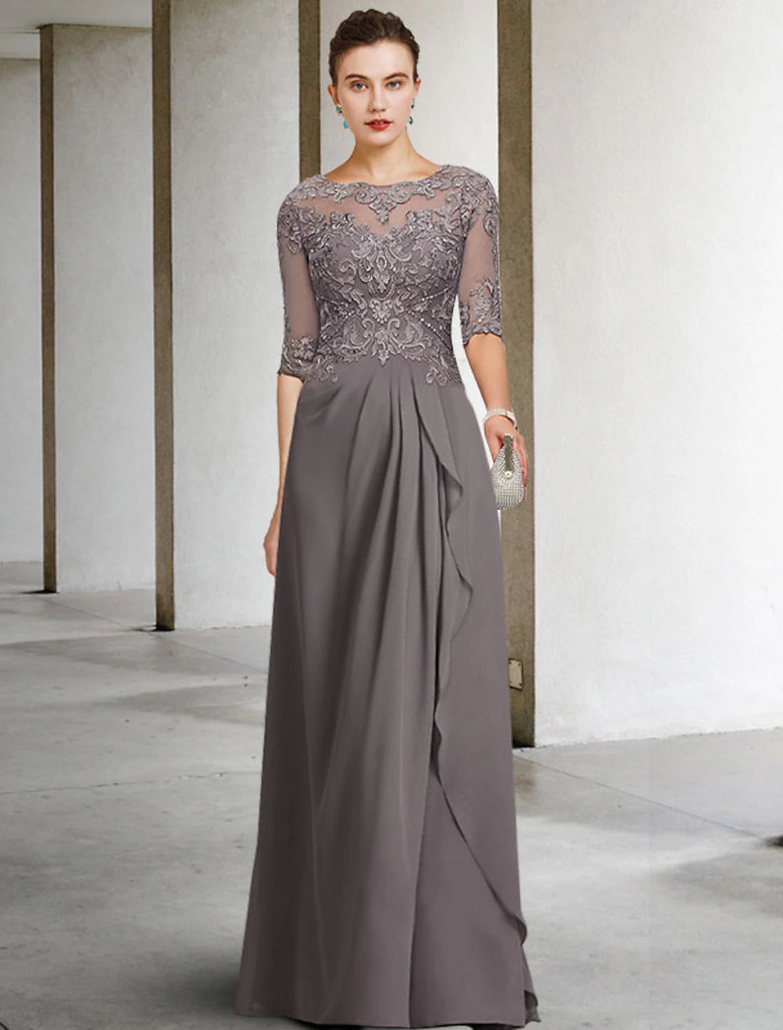 Grey Chiffon A-Line Floor-Length Evening Dress with Boat Neck and Lace Bodice