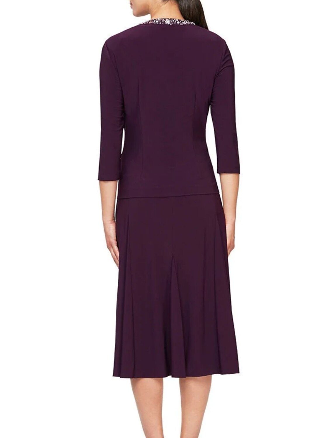 Dark Navy Crepe A-Line Tea-Length Evening Dress with Embellished Keyhole Neckline and Pleated Skirt