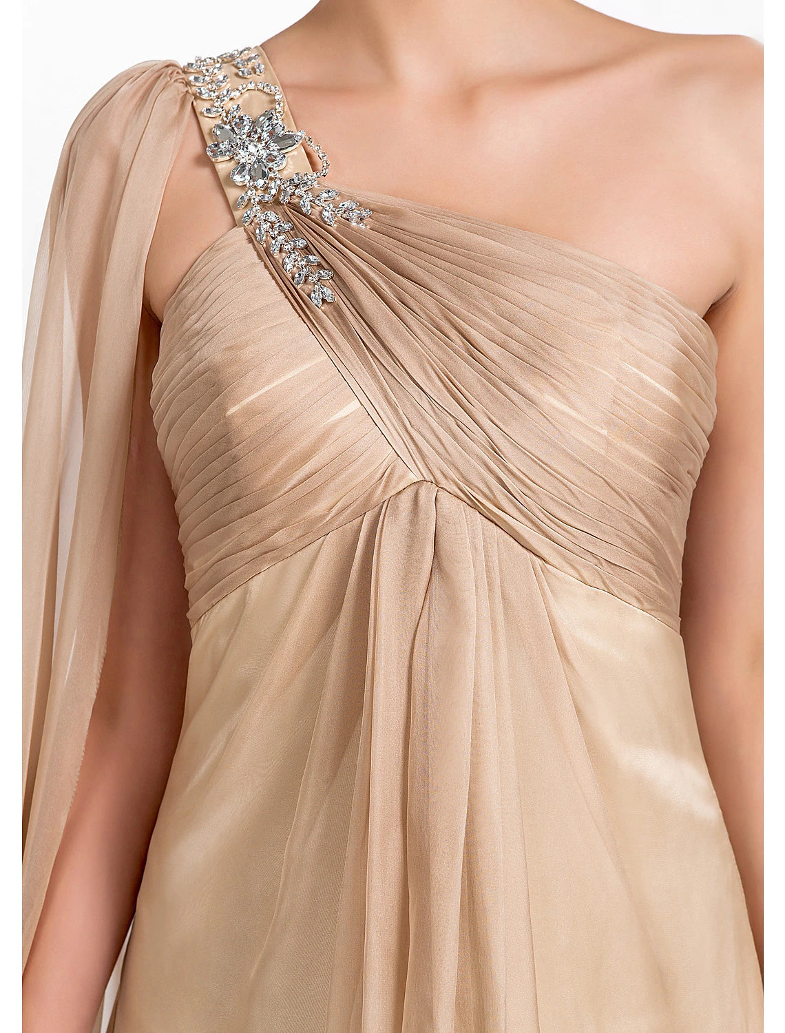 Champagne Chiffon A-Line Floor-Length Evening Dress with One Shoulder & Beaded Strap