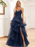 Vestido de noche elegante de corte A, vestido formal para invitados de boda, cola larga/cortada, sin mangas, tirantes finos, organza con volantes fruncidos y abertura