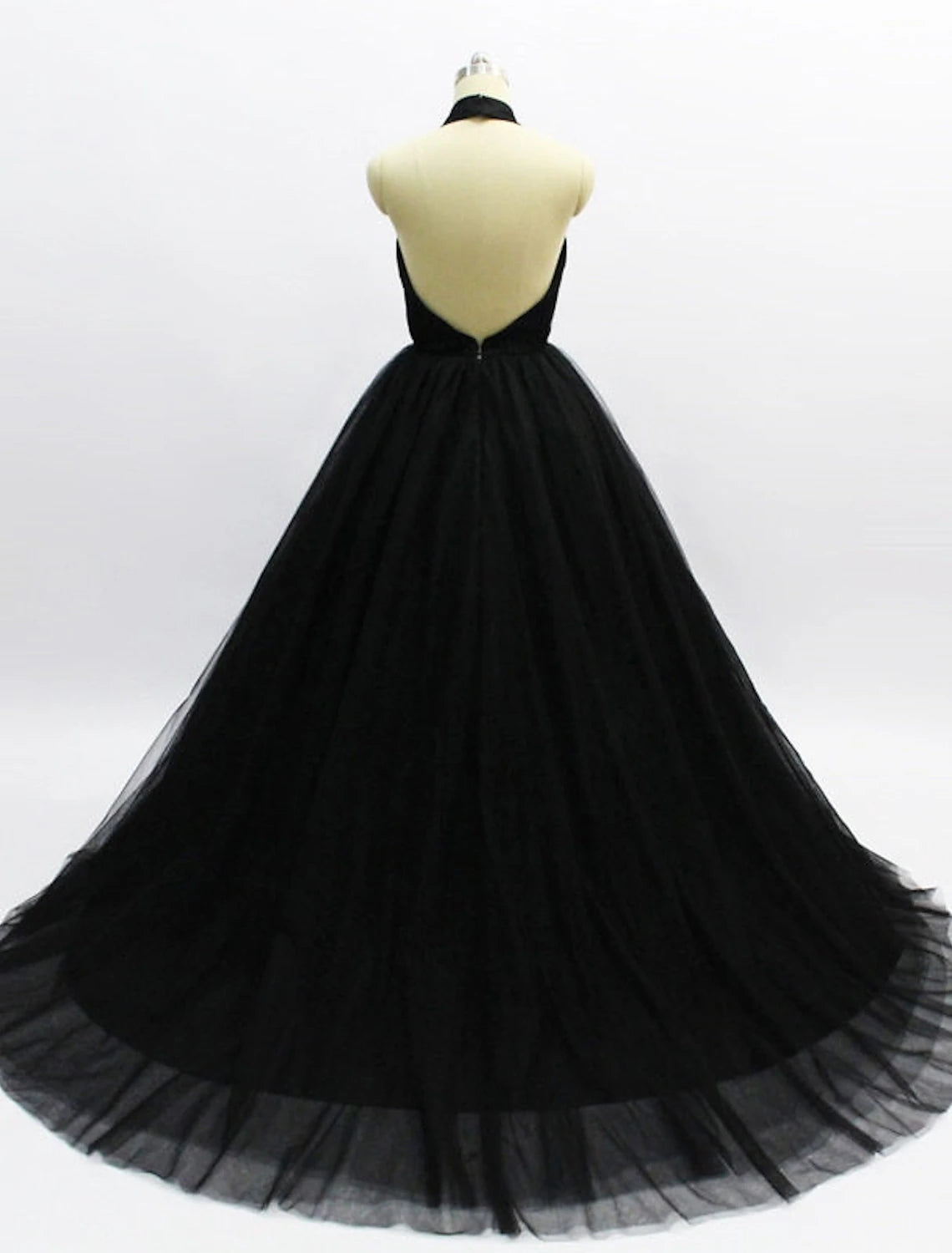 Vestido de fiesta de baile con espalda abierta, vestido de fiesta de bodas, dulce 16, cola de corte, sin mangas, cuello halter, tul, espalda descubierta con pliegues