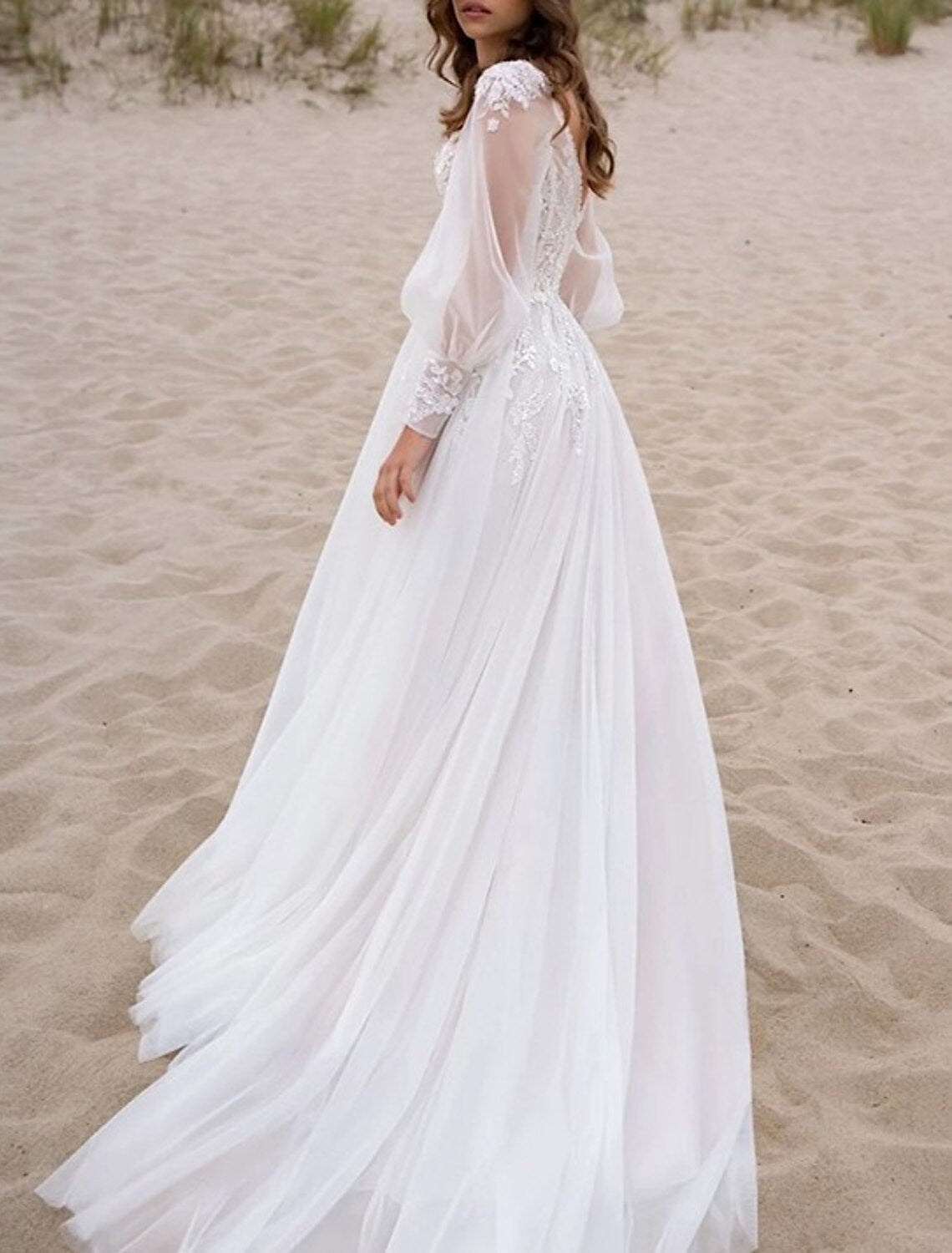 Beach Boho Wedding Dresses A-Line V Neck Long Sleeve Court Train Lace Bridal Gowns With Appliques Split Front
