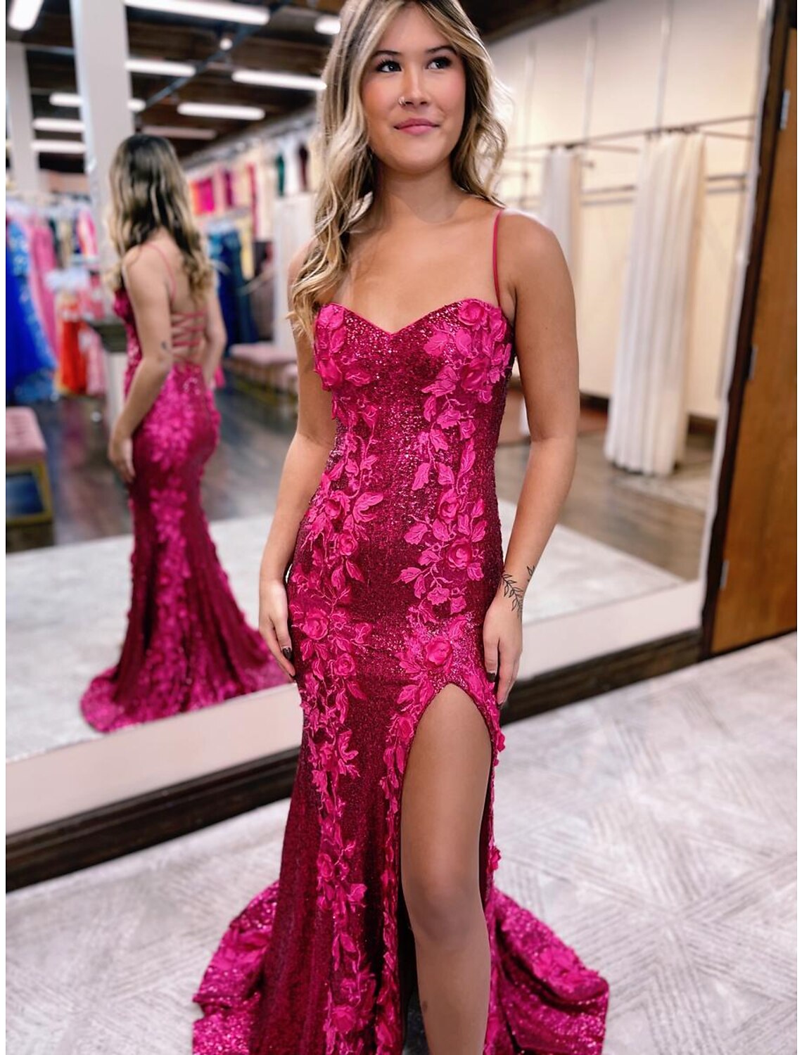 Pink Sequin Mermaid Sweetheart Backless Floor-Length Evening Dress with 3D Floral Appliques