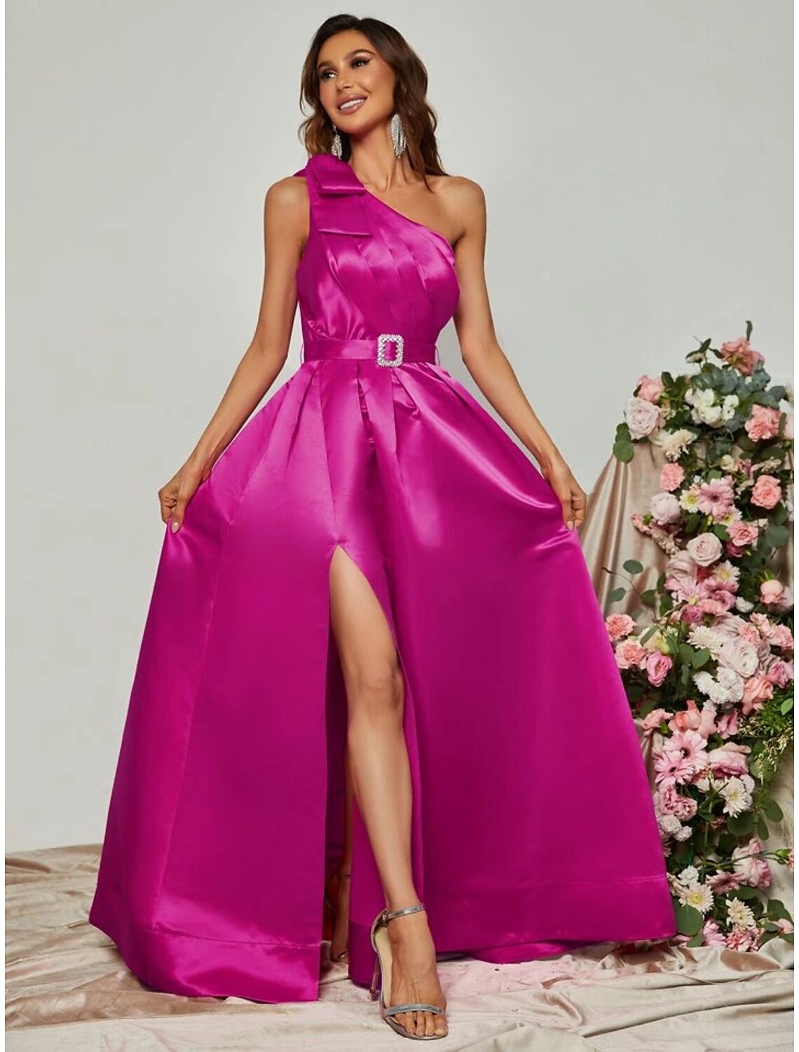 Black Satin One Shoulder A-Line Floor-Length Evening Dress