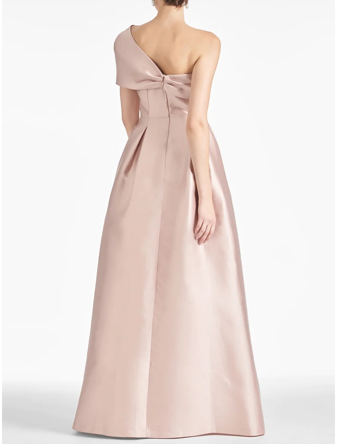 Abito da sera a trapezio con spacco alto, formale, lungo fino al pavimento, senza maniche, monospalla, in raso con cristalli e spacco