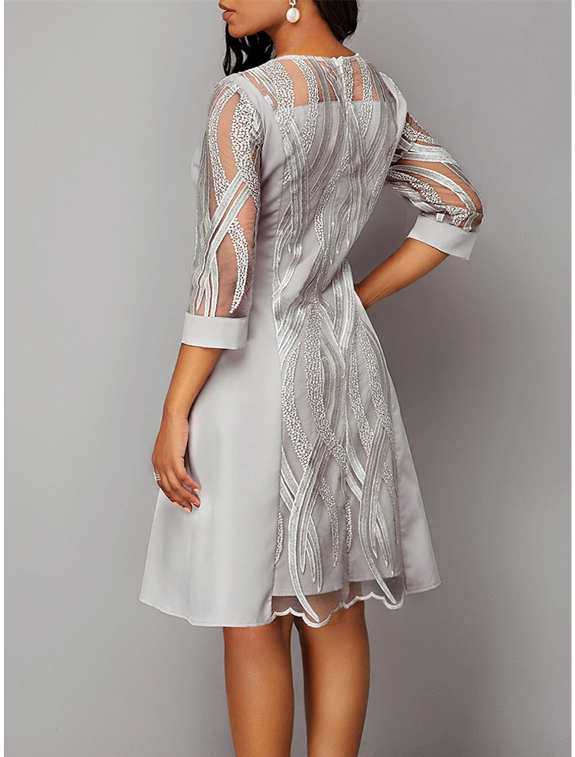 Vestido de fiesta para mujer, vestido de encaje, vestido de regreso a casa, vestido midi gris, manga 3/4, color puro, encaje, otoño invierno, cuello redondo, vestido de invitada de boda