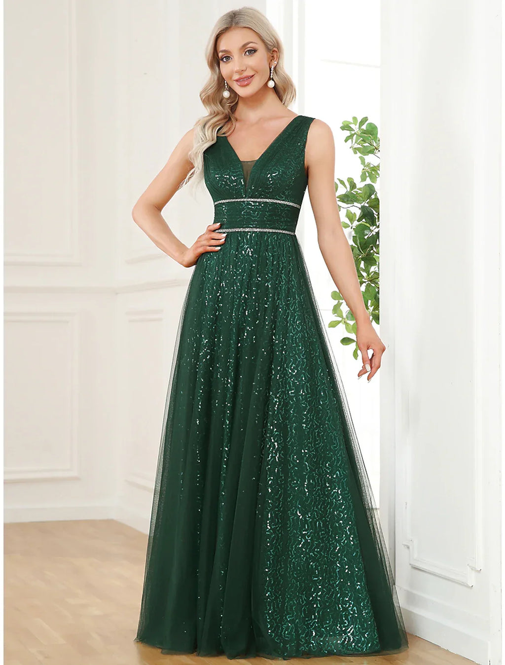 Abiti da ballo a trapezio, eleganti, da festa, lunghi fino al pavimento, senza maniche, scollo a V, paillettes, schiena a V con paillettes