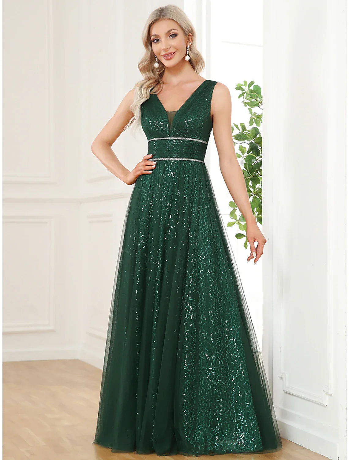 Emerald Chiffon Sequin A-Line V-Neck Floor-Length Evening Dress