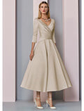 Champagne Satin A-Line Tea-Length Dress with V-Neck and Draped Bodice