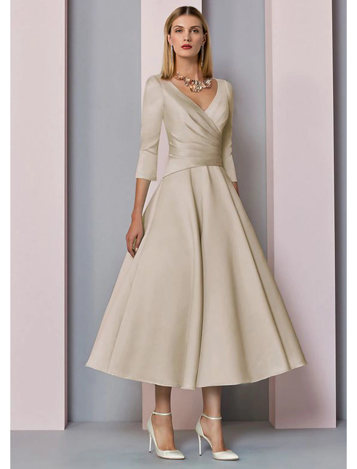 Champagne Satin A-Line Tea-Length Dress with V-Neck and Draped Bodice