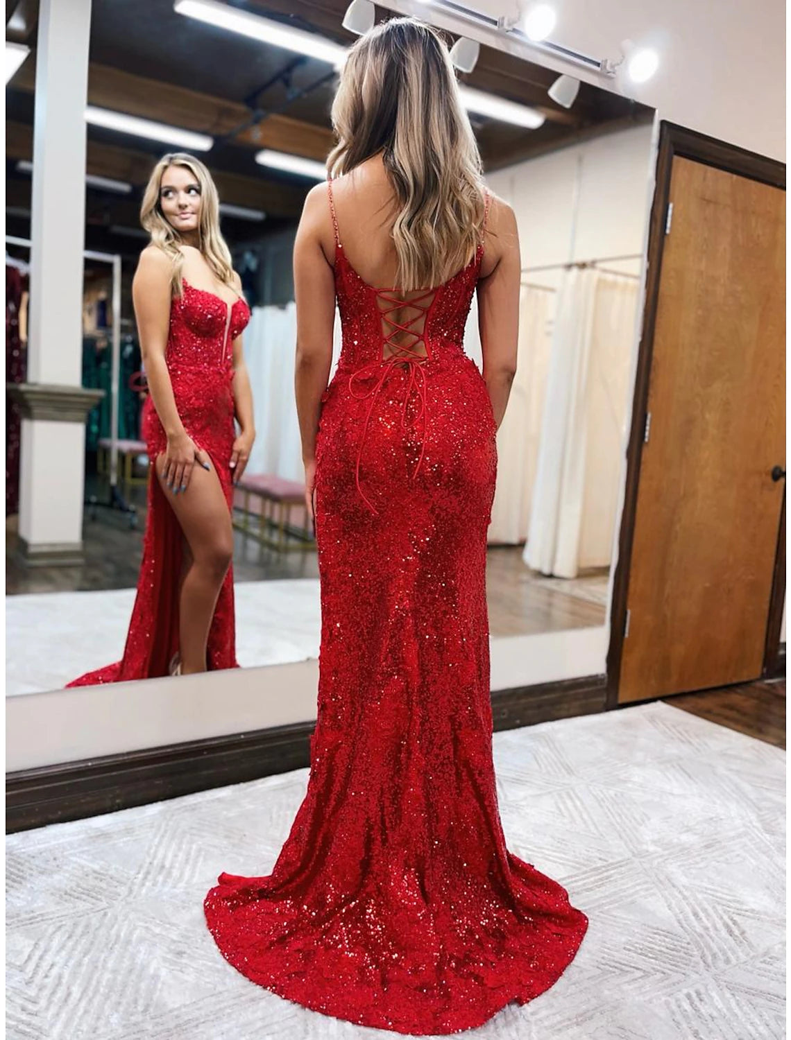 Red Sequin Mermaid V-Neck Gown with High Slit & Criss-Cross Straps