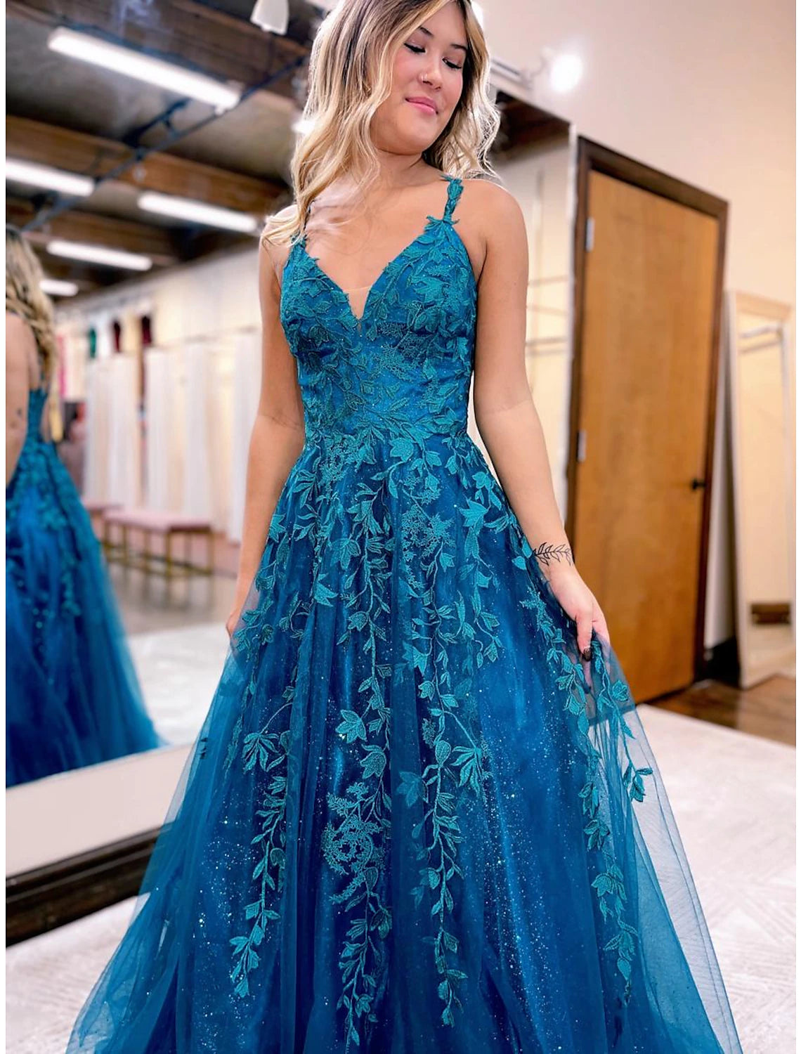 Teal Tulle A-Line V-Neck Floor-Length Gown for Prom & Evening Parties