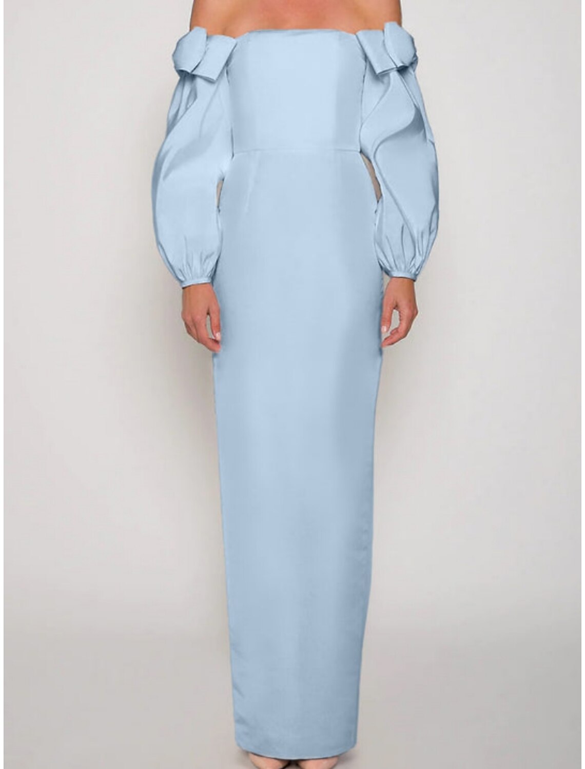 Sheath / Column Evening Gown Elegant Dress Formal Christmas Ankle Length Long Sleeve Off Shoulder Satin with Bow(s) Ruched Slit