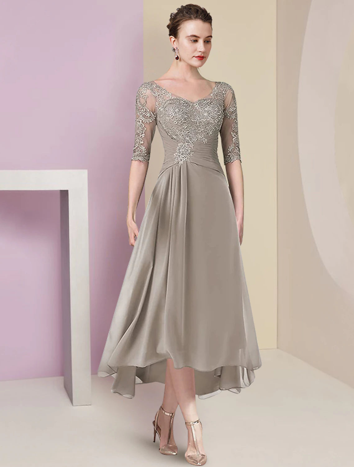 Grey Chiffon Asymmetrical A-Line Sweetheart Lace Bodice Dress
