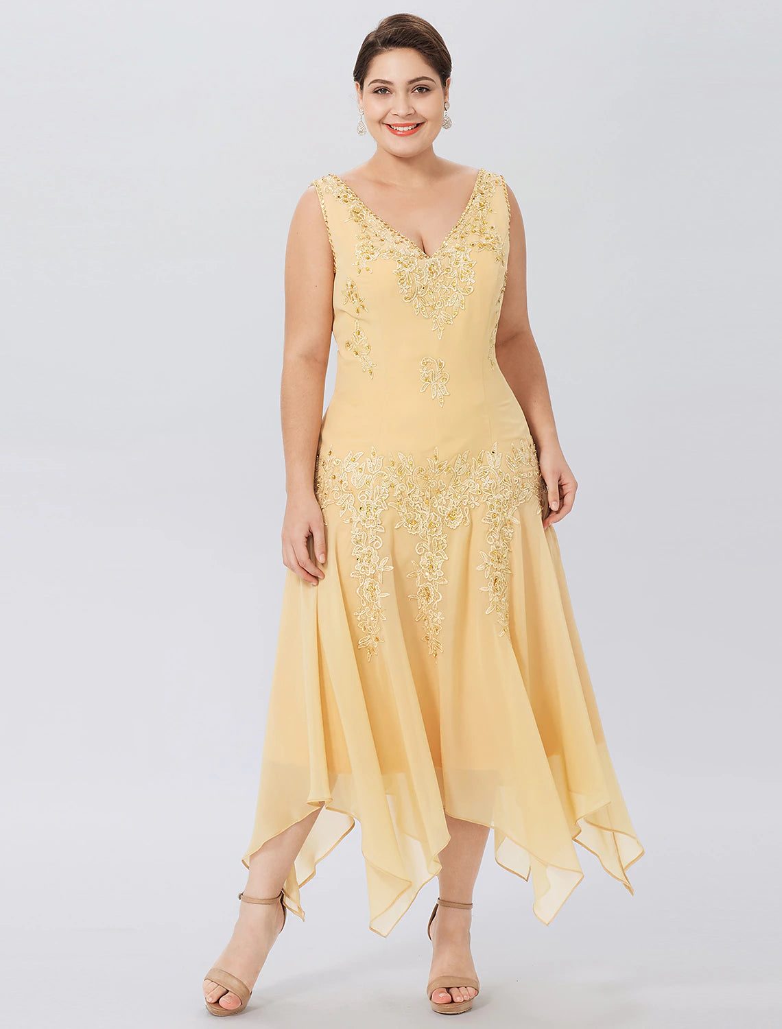 Butter Chiffon A-Line V-Neck Tea-Length Mother of the Bride Two-Piece Dress with Embroidery
