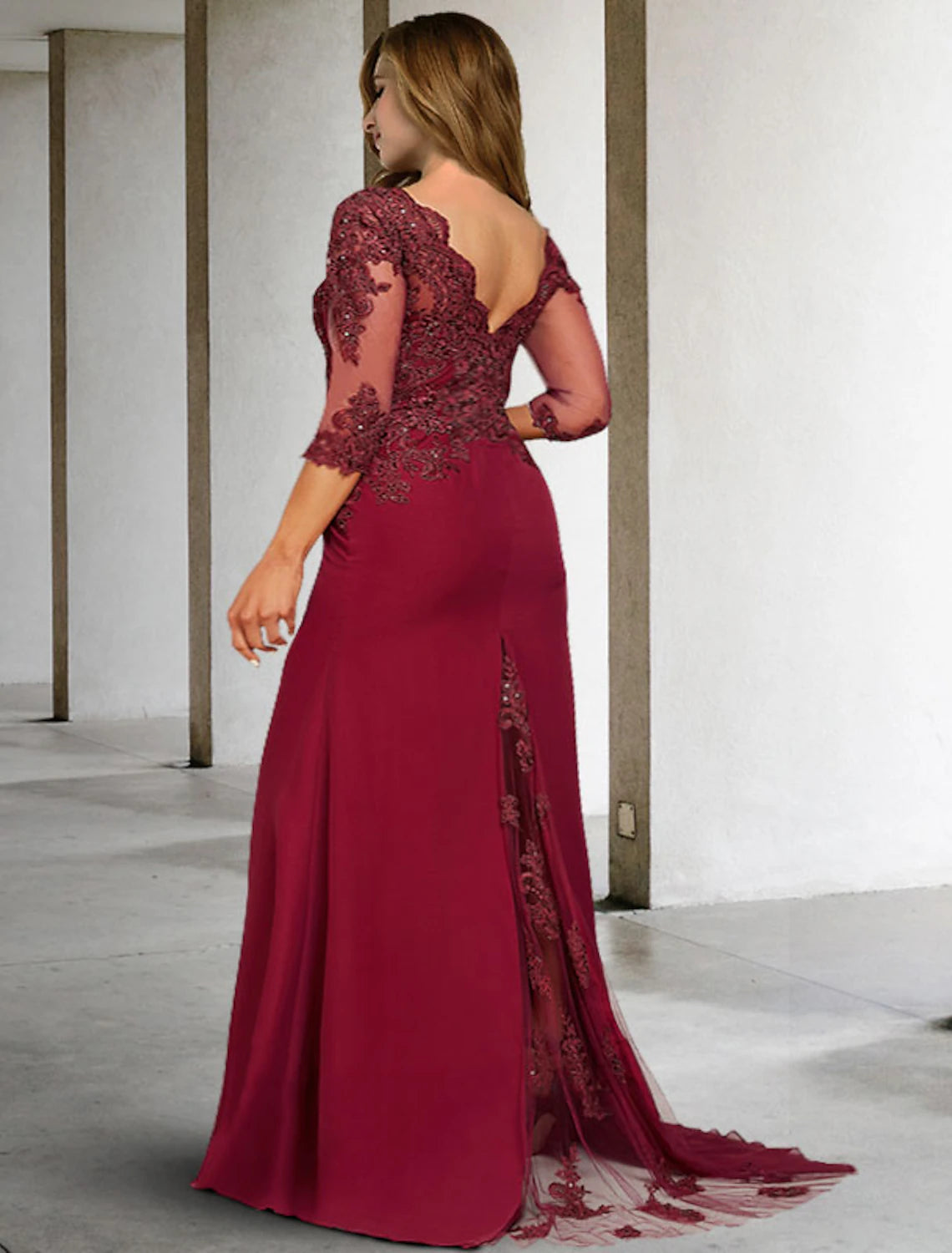 Burgundy Chiffon V-Neck Sheath/Column Floor-Length Evening Dress with Lace Bodice