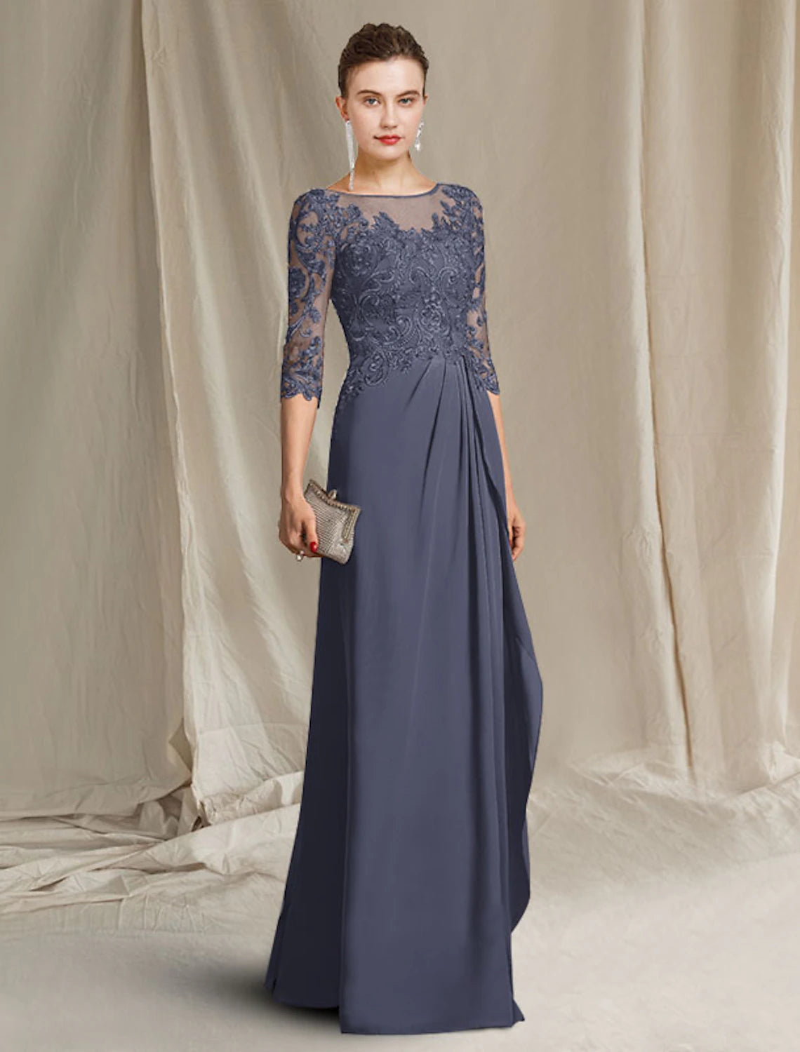 Dark Navy Chiffon A-Line Floor-Length Evening Dress with Illusion Neck and Lace Bodice