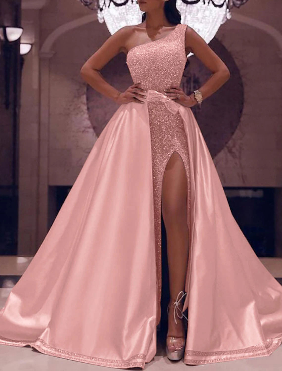 Ball Gown Prom Dresses Sparkle & Shine Dress Wedding Guest Evening Party Floor Length Sleeveless One Shoulder Detachable Satin with Bow(s) Sequin Slit