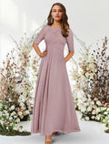 Dusty Rose Chiffon A-Line Floor-Length Bridesmaid Dress with Lace Sleeves