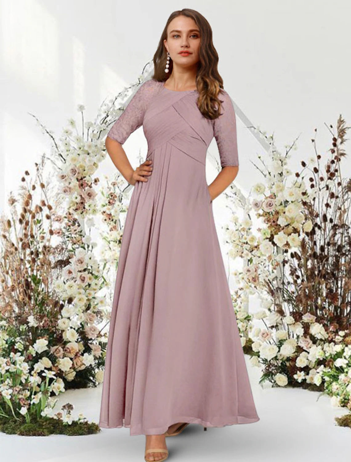 Dusty Rose Chiffon A-Line Floor-Length Bridesmaid Dress with Lace Sleeves