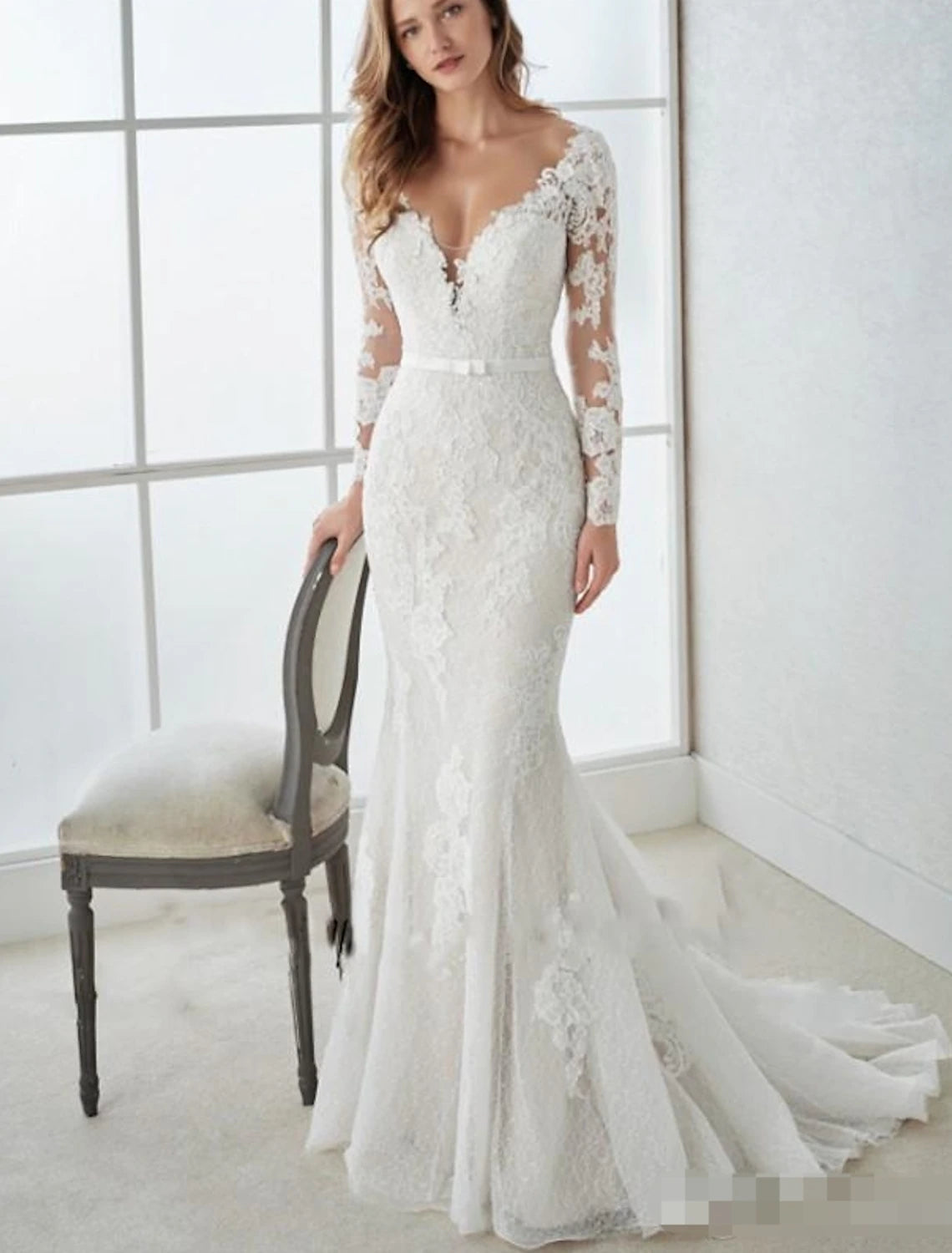Ivory Lace Mermaid Evening Gown with Illusion Back