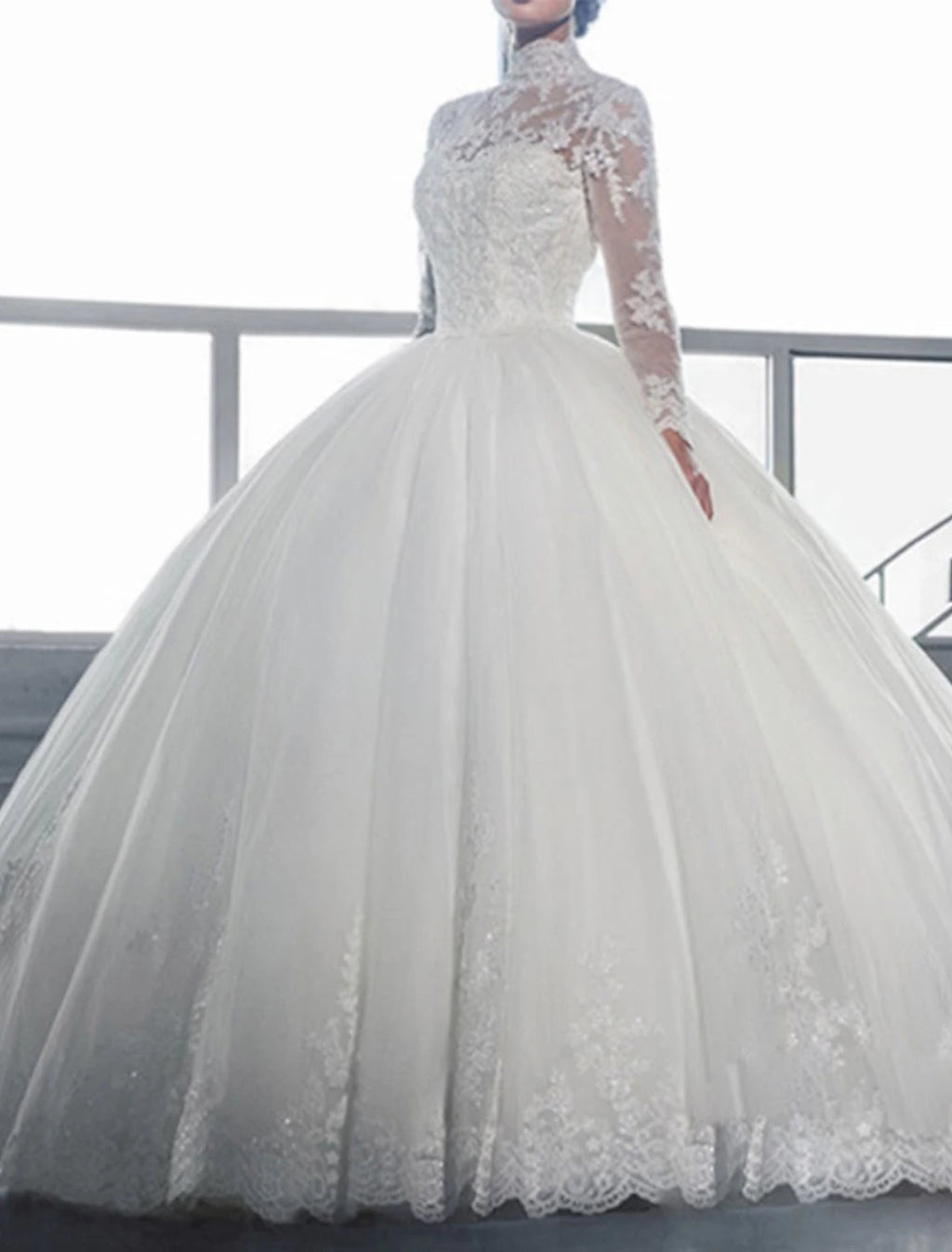 Vestidos de novia formales de compromiso, vestido de fiesta, cuello alto, manga larga, cola larga, vestidos de novia de encaje con apliques de cuentas