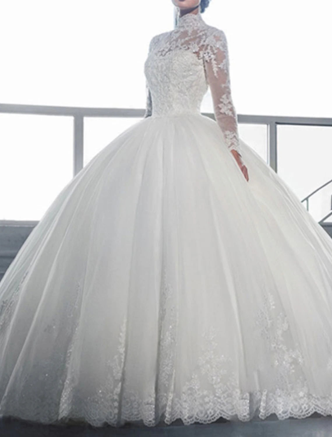 Vestidos de novia formales de compromiso, vestido de fiesta, cuello alto, manga larga, cola larga, vestidos de novia de encaje con apliques de cuentas