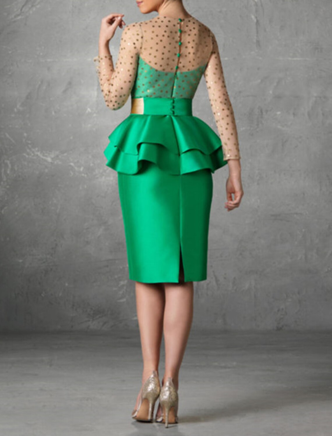 Vestido de cóctel elegante, de corte tubo, formal, de otoño, largo hasta la rodilla, manga larga, cuello joya, cinturón/faja, satén con volantes y abertura 2025