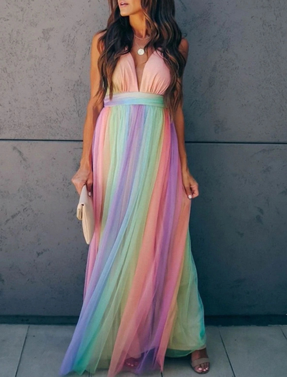Blushing Pink Chiffon A-Line Floor-Length Dress with Plunging V-Neck and Rainbow Panel Skirt